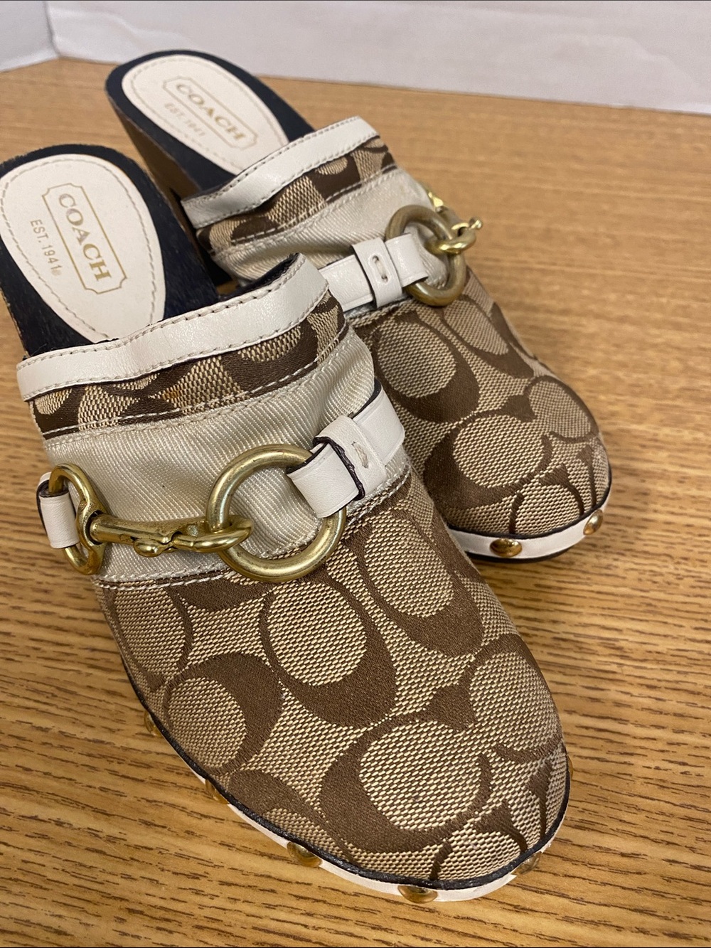 Coach Brown Signature Canvas Mule with White Trim and Gold Bit